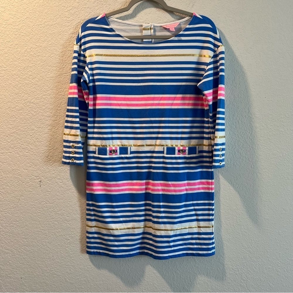 Women’s Lilly Pulitzer blue striped pocket front cotton knit dress size XS